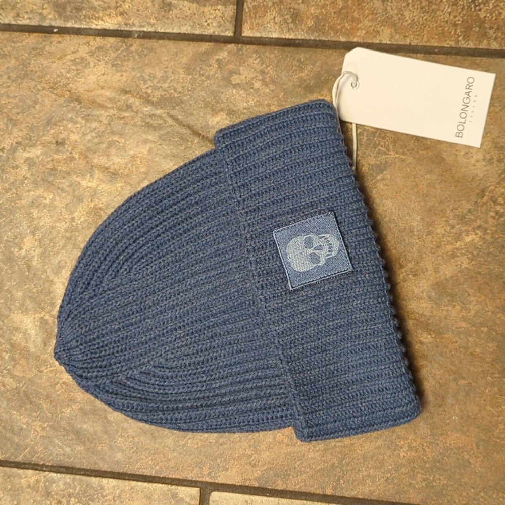 NWT Bolongaro Trevor Skull Logo Wool Blend Beanie in Blue - Picture 3 of 4